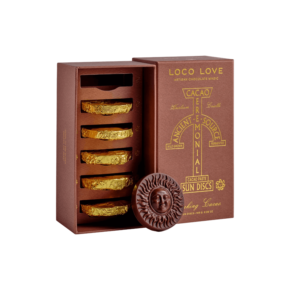 Loco Love Chuncho Sun Discs Ceremonial Grade Cacao packaging with sun disc design and cacao discs inside.