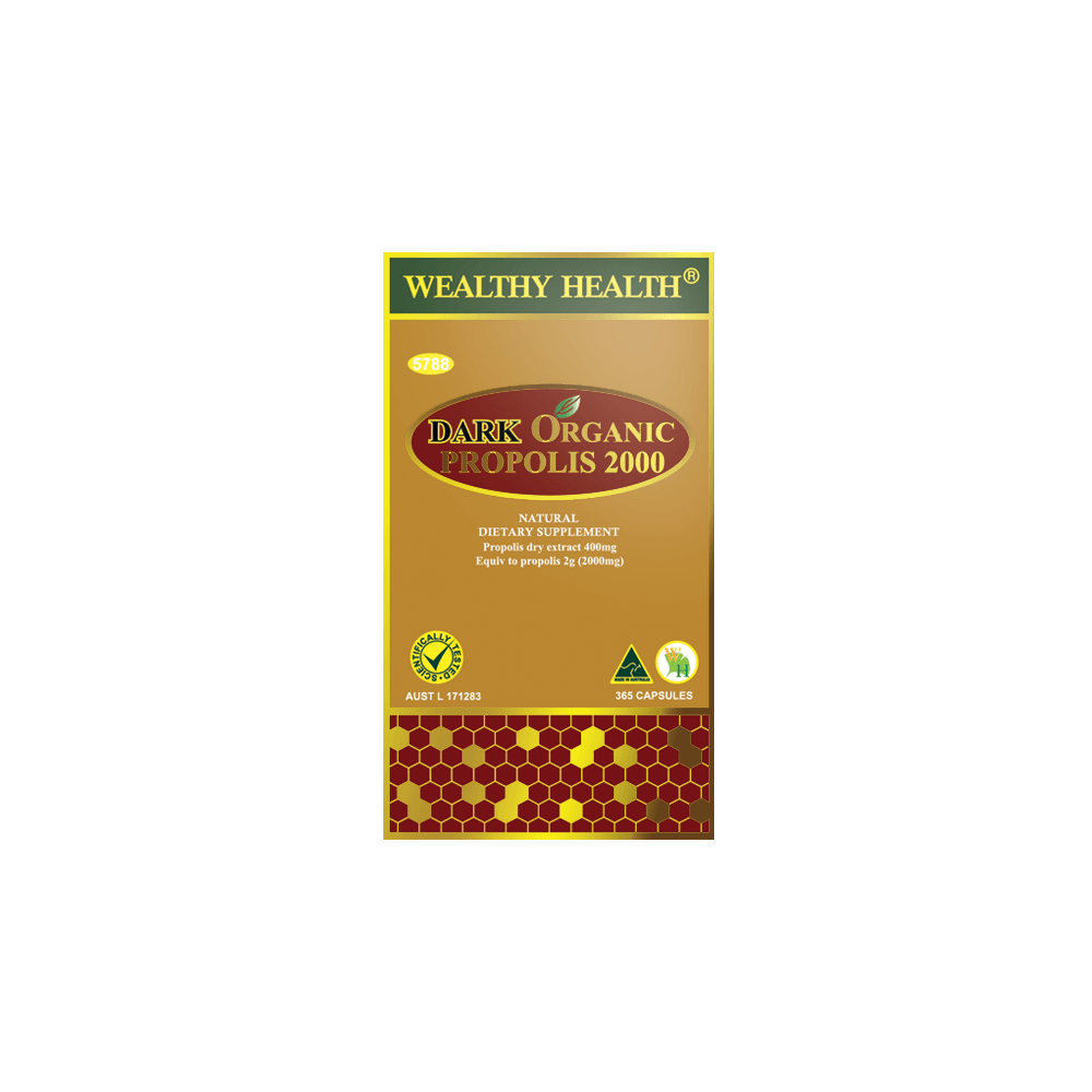 Wealthy Health Dark Propolis 2000mg dietary supplement packaging with natural ingredients