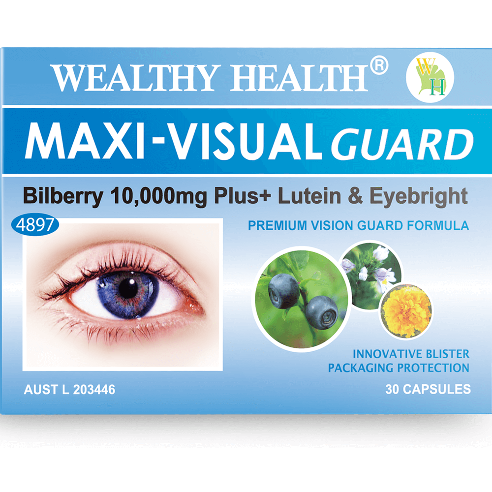 Visual Guard – Wealthy Health Maxi Eye Support Formula featuring Bilberry, Lutein, and Eyebright for premium vision care.
