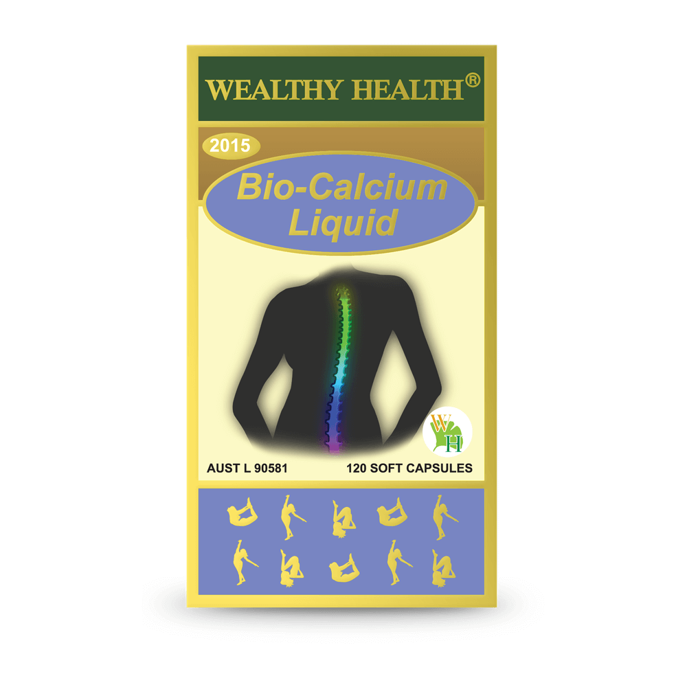 Bio-Calcium Liquid supplement by Wealthy Health featuring a spinal illustration and 120 soft capsules for bone health.