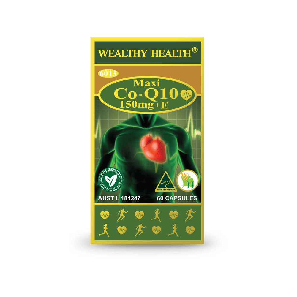 Wealthy Health CoQ10 150mg + E Maxi supplement packaging with heart health focus.