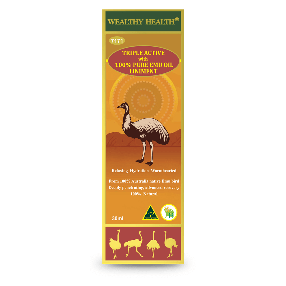Wealthy Health Emu Oil Liniment Triple Active packaging featuring emu bird illustration.