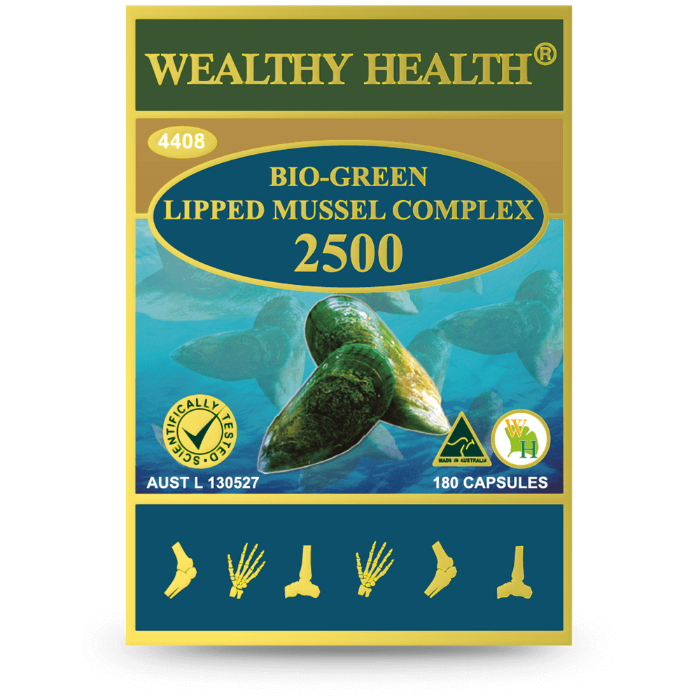 Wealthy Health Green Lip Mussel Complex 2500 product packaging showing green lipped mussels and capsule details.