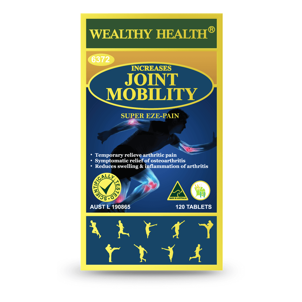 Wealthy Health Increase Joint Mobility supplement packaging showing benefits for joint pain relief and mobility.