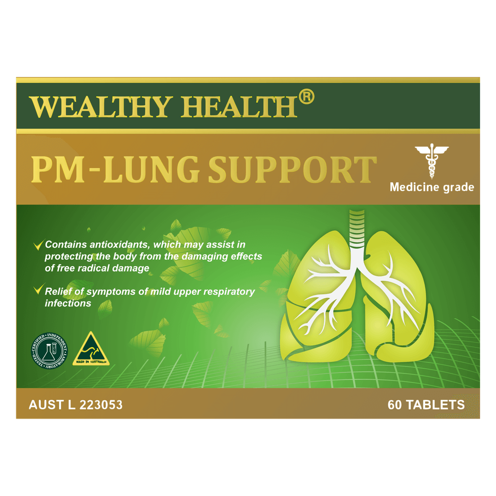 PM Lung Support product packaging featuring 60 tablets for respiratory wellness and antioxidant support.