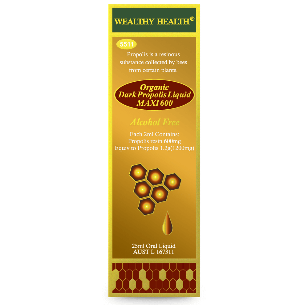 Propolis Liquid – Wealthy Health 60% Alcohol-Free Formula packaging with details on ingredients and benefits.