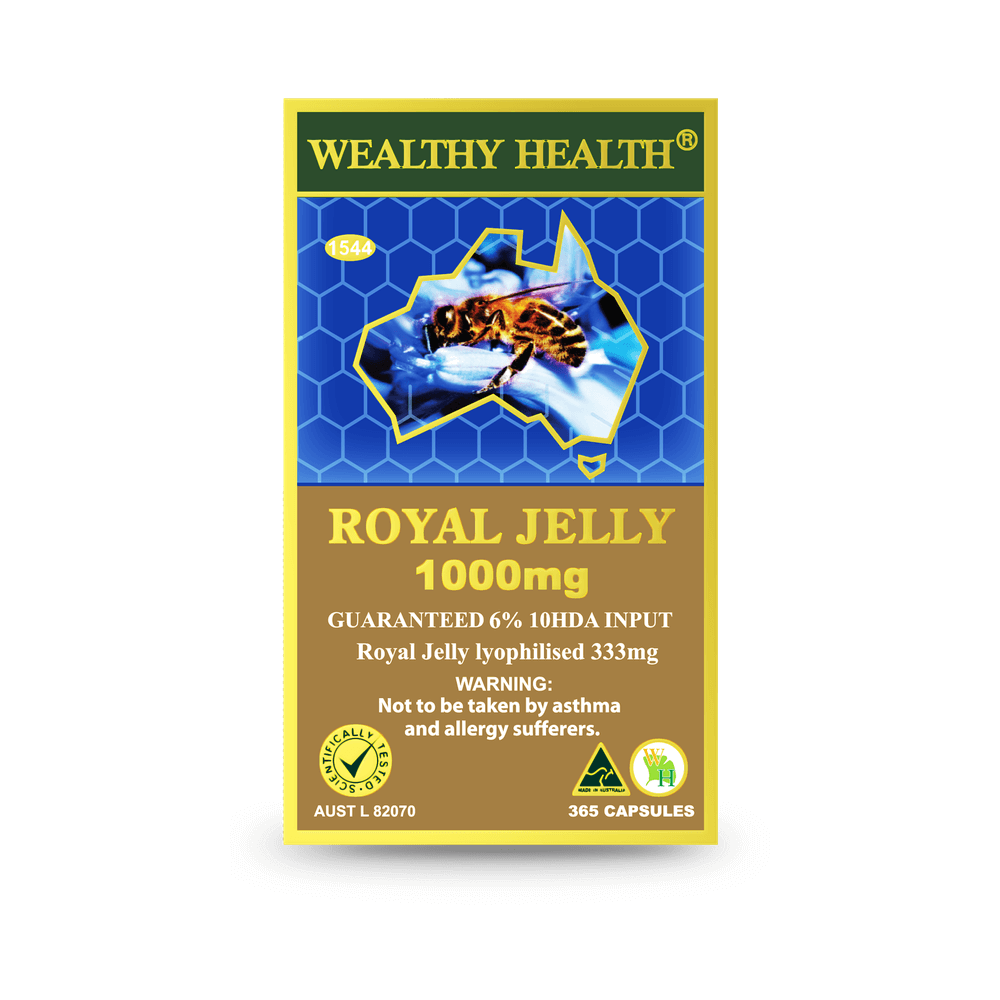 Wealthy Health Royal Jelly 2 Blue packaging showcasing 1000mg royal jelly in 365 capsules for vitality support.