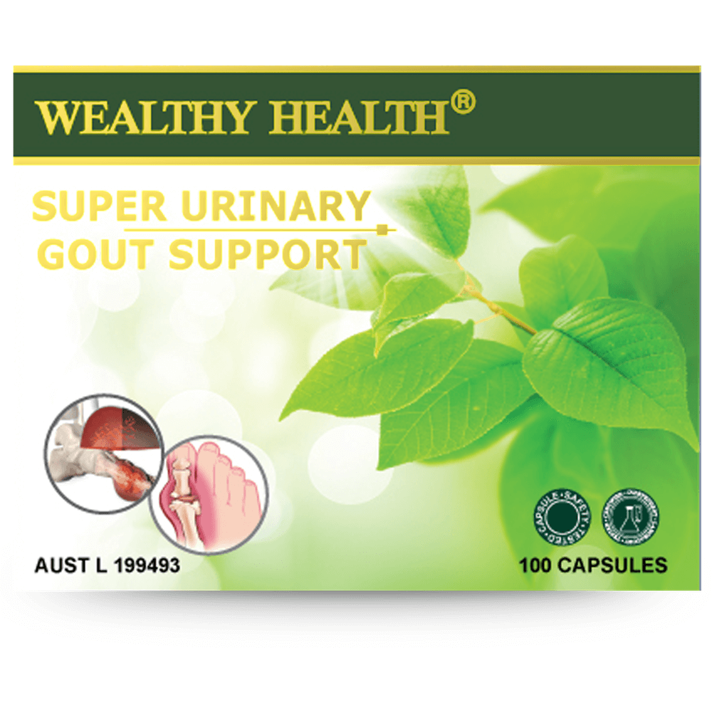 Wealthy Health Super Urinary Gout Support supplement box, 100 capsules for urinary gout supplement support.